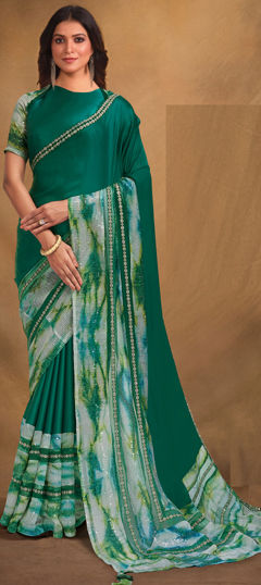 Green color Saree in Satin Silk fabric with Sequence, Thread work