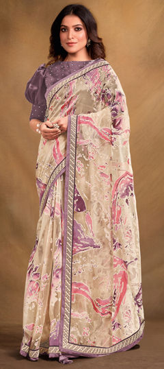 Beige and Brown color Saree in Organza Silk fabric with Lace, Printed work