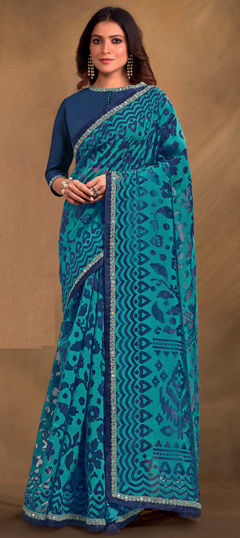 Blue color Saree in Organza Silk fabric with Lace, Printed work