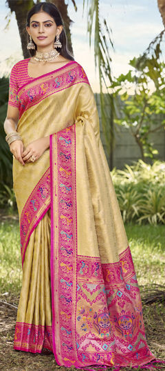 Gold color Saree in Art Silk fabric with Weaving, Zari work