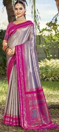 Black and Grey color Saree in Art Silk fabric with Weaving, Zari work