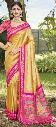 Gold color Saree in Art Silk fabric with Weaving, Zari work