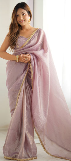 Purple and Violet color Readymade Saree in Crushed Silk fabric with Lace work