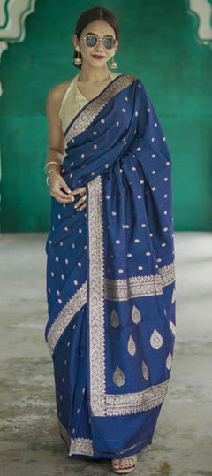 Blue color Saree in Linen fabric with Weaving, Zari work