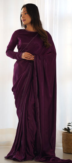 Purple and Violet color Readymade Saree in Velvet fabric with Lace work