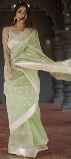 Green color Saree in Linen fabric with Weaving, Zari work