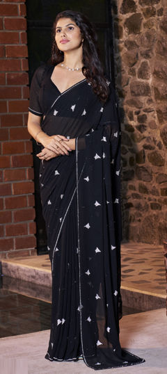 Black and Grey color Saree in Georgette fabric with Bugle Beads, Sequence work