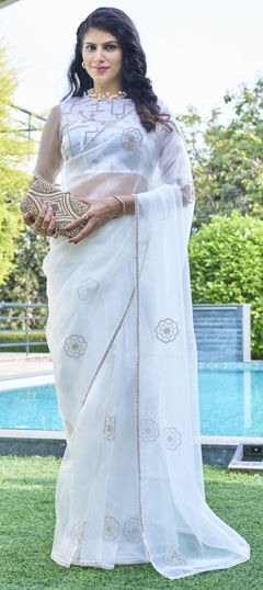 White and Off White color Saree in Organza Silk fabric with Stone work