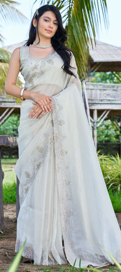 White and Off White color Saree in Tissue fabric with Stone work