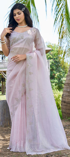 Pink and Majenta color Saree in Tissue fabric with Stone work