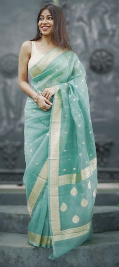 Blue color Saree in Linen fabric with Weaving, Zari work