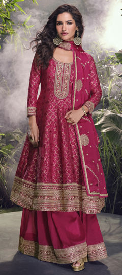 Pink and Majenta color Salwar Kameez in Viscose fabric with Embroidered, Thread, Weaving work