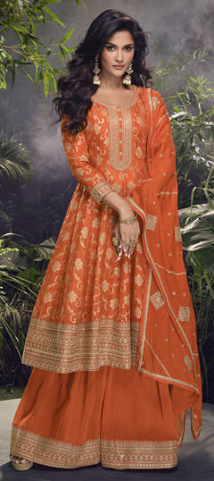 Orange color Salwar Kameez in Viscose fabric with Embroidered, Thread, Weaving work