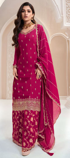 Pink and Majenta color Salwar Kameez in Art Silk fabric with Embroidered, Sequence, Thread work