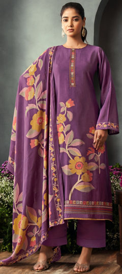 Purple and Violet color Salwar Kameez in Muslin fabric with Digital Print, Embroidered, Floral, Foil Print work