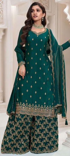 Green color Salwar Kameez in Art Silk fabric with Embroidered, Sequence, Thread work