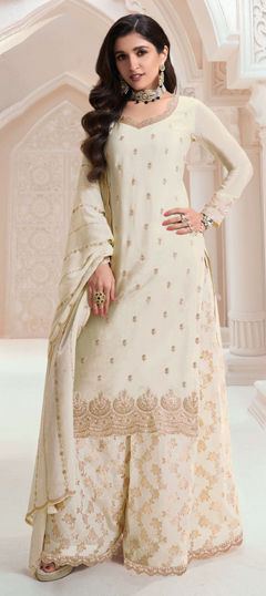 White and Off White color Salwar Kameez in Art Silk fabric with Embroidered, Sequence, Thread work