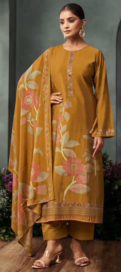 Yellow color Salwar Kameez in Muslin fabric with Digital Print, Embroidered, Floral, Foil Print work