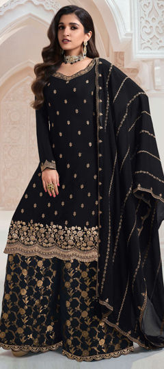 Black and Grey color Salwar Kameez in Art Silk fabric with Embroidered, Sequence, Thread work