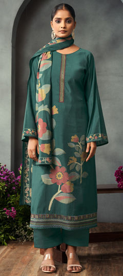 Green color Salwar Kameez in Muslin fabric with Digital Print, Embroidered, Floral, Foil Print work