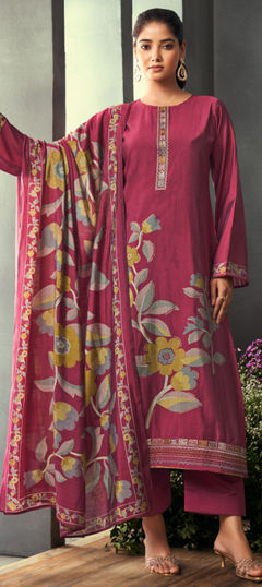 Pink and Majenta color Salwar Kameez in Muslin fabric with Digital Print, Embroidered, Floral, Foil Print work