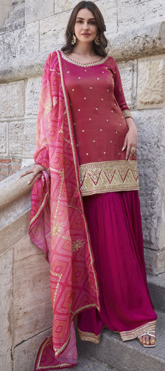 Pink and Majenta color Salwar Kameez in Silk fabric with Bandhej, Embroidered, Printed, Sequence, Thread, Zari work
