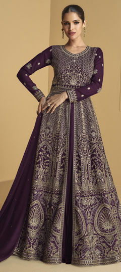 Purple and Violet color Salwar Kameez in Faux Georgette fabric with Embroidered, Resham, Sequence, Thread work