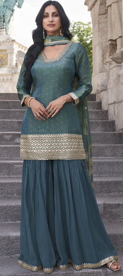 Blue color Salwar Kameez in Silk fabric with Embroidered, Sequence, Thread, Zari work