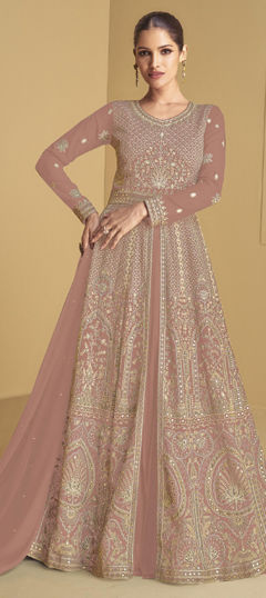 Beige and Brown color Salwar Kameez in Faux Georgette fabric with Embroidered, Resham, Sequence, Thread work