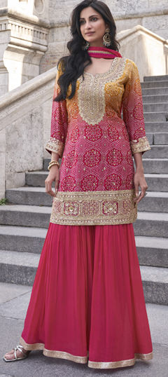 Pink and Majenta color Salwar Kameez in Silk fabric with Bandhej, Patch, Printed, Sequence, Stone, Thread, Zari work