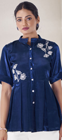 Blue color Tops and Shirts in Silk fabric with Bugle Beads, Thread work