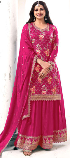 Pink and Majenta color Salwar Kameez in Art Silk fabric with Embroidered, Floral, Printed, Sequence work