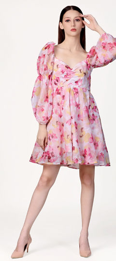 Pink and Majenta color Dress in Organza Silk fabric with Floral, Printed work