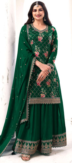 Green color Salwar Kameez in Art Silk fabric with Embroidered, Floral, Printed, Sequence work