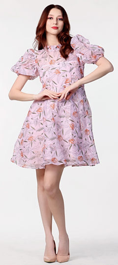 Pink and Majenta color Dress in Organza Silk fabric with Floral, Printed work