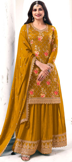 Yellow color Salwar Kameez in Art Silk fabric with Embroidered, Floral, Printed, Sequence work