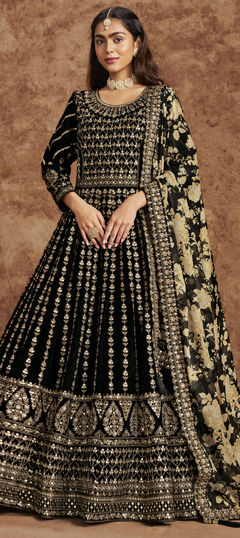 Black and Grey color Salwar Kameez in Velvet fabric with Embroidered, Sequence, Thread, Zari work