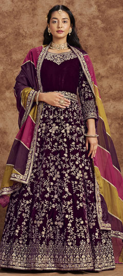 Purple and Violet color Salwar Kameez in Velvet fabric with Embroidered, Sequence, Thread, Zari work