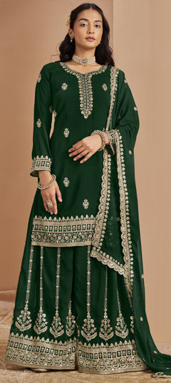 Green color Salwar Kameez in Faux Georgette fabric with Embroidered, Sequence, Thread, Zari work