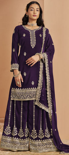 Purple and Violet color Salwar Kameez in Faux Georgette fabric with Embroidered, Sequence, Thread, Zari work