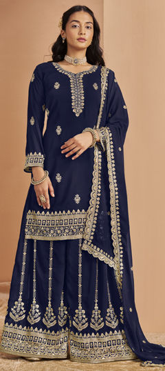 Blue color Salwar Kameez in Faux Georgette fabric with Embroidered, Sequence, Thread, Zari work