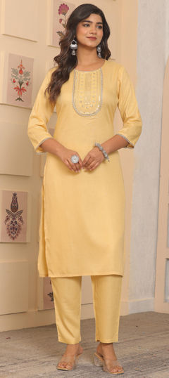 Yellow color Salwar Kameez in Rayon fabric with Embroidered, Printed, Thread work