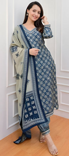 Blue color Salwar Kameez in Cotton fabric with Digital Print work