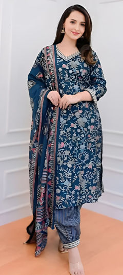 Blue color Salwar Kameez in Cotton fabric with Digital Print work