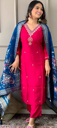 Red and Maroon color Salwar Kameez in Chanderi Silk fabric with Embroidered, Sequence, Thread work