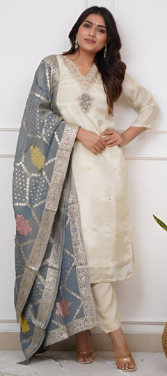 White and Off White color Salwar Kameez in Chanderi Silk fabric with Embroidered, Sequence, Thread work