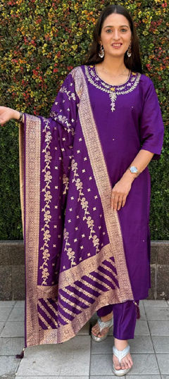 Purple and Violet color Salwar Kameez in Art Silk fabric with Cut Dana, Thread work