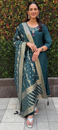 Blue color Salwar Kameez in Art Silk fabric with Cut Dana, Thread work