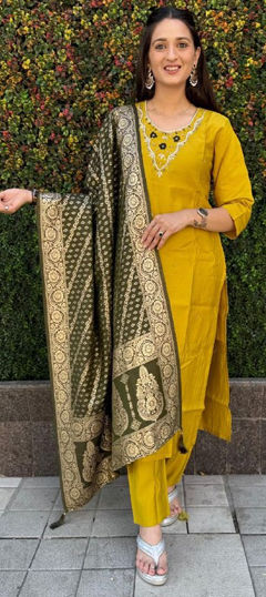 Yellow color Salwar Kameez in Art Silk fabric with Cut Dana, Thread work