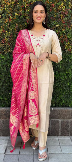 Beige and Brown color Salwar Kameez in Art Silk fabric with Cut Dana, Thread work